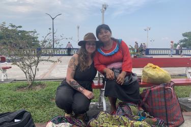 Alexandra and Shipibo textile artist, Silvia on the bank of the Amazon River, Iquitos, Peru, August 2019.