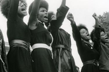 Black Panthers from Sacramento at a Free Huey rally, Bobby Hutton Memorial Park, Oakland. Photo by Pirkle Jones, from The Vanguard: A Photographic Essay on the Black Panthers (Boston:Beacon Press, 1968), courtesy UCSC Special Collections and Archives.